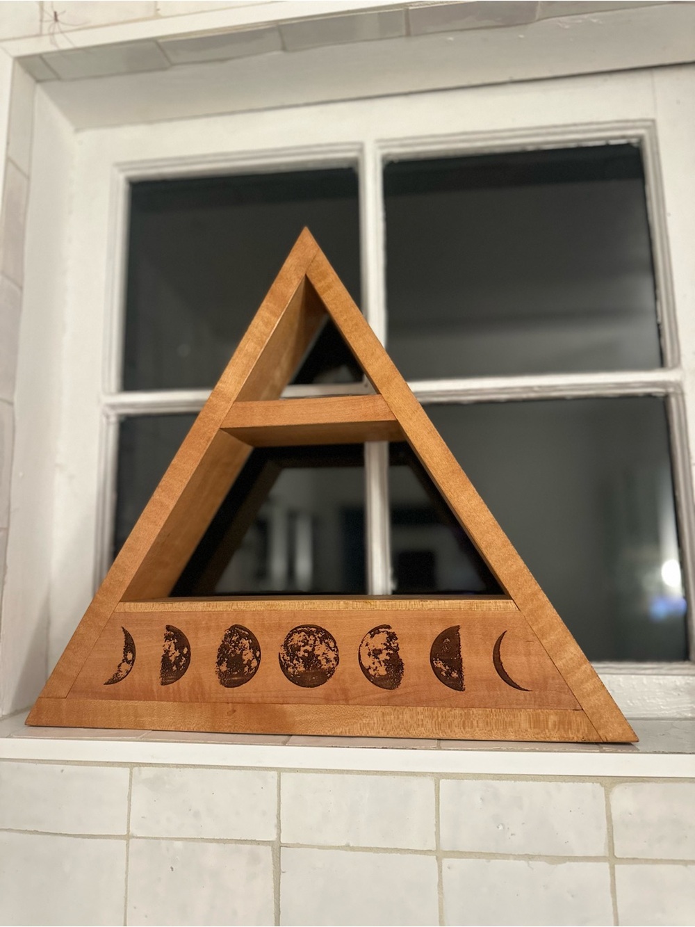 Wooden Triangle Wall Shelf with Moon Phase Design